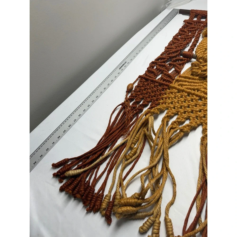 Vintage 70s Macrame Owl Wall Hanging Boho Fiber Art Terracotta Mustard Rust